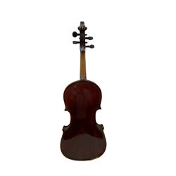 19th century violin, the button inset with an enamelled portrait, possibly the Madonna, the wooden pegs inset with mother of pearl length of back 37cm
