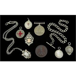 Silver Albert watch chain with T bar, one other silver watch chain with two clips, six silver fobs, all hallmarked, bronze 'The Bell Medal' and The Defence Medal