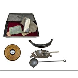 Pocket Compass, Hand warmer, wrought iron furnace ladle and an iron fire grate etc