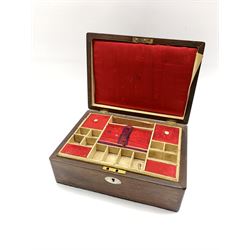 Victorian rosewood sewing box, the lid opening to reveal a fitted interior with lift out tray, L28cm