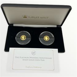 Queen Elizabeth II Alderney 2017 'The Platinum Wedding Anniversary Solid Gold Coin Pair', each coin struck in nine carat gold and weighing 1 gram, cased with certificate
