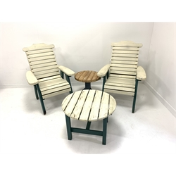 Two painted hardwood garden seats (W79cm) and a matching table (D71cm)