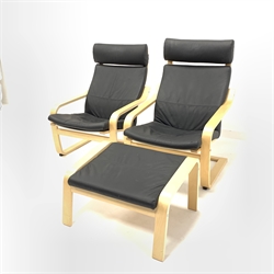  Pair of 'Ikea Poang' lounge chairs with leather upholstered cushions, and a matching Ikea footstool  