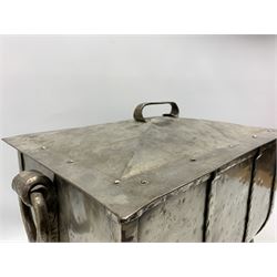 Arts & Crafts steel coal bin and cover, of rectangular form with riveted strapwork mounts, lift-off cover, scroll supports and ring handles, W47cm, H41cm, D31cm 