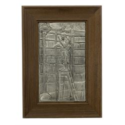 Relief moulded pewter picture depicting 'The Bookworm' after Carl Spitzweg, 41cm x 29cm overall