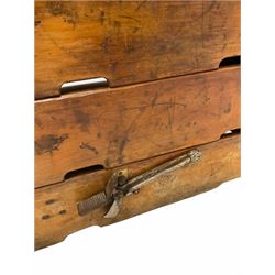 Vintage sectional pommel horse, varnished hardwood 'A' frame with leather top, retractable castors to base L137cm