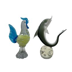 Art glass model of a Dolphin on globular base, possibly V. Nason & Co. Murano H35cm and a Murano glass cockerel (2)