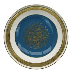 Minton bowl, gilt floral spray on a turquoise ground, within a gilt border, D29cm, boxed