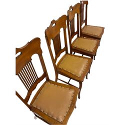 Set four of early 20th century oak dining chairs, the shaped cresting rail and pierced splat over leather seat, raised on square supports  