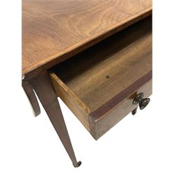 19th century mahogany Pembroke table, the drop leaf top over one frieze drawer, raised on square tapering supports, terminating in brass castors
