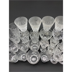 Various cut glass drinking glasses including a set of four Royal Doulton claret glasses, Tudor glass tumblers etc 