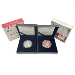 Two The Royal Mint United Kingdom 2020 silver proof piedfort five pound coins, comprising 'The 150th Anniversary of the British Red Cross' and 'The Remembrance Day', both cased with certificates (2)