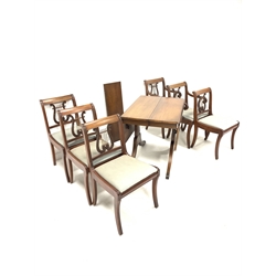 Set of six (4+2) Georgian style mahogany lyre back dining chairs, with drop in upholstered seat pads, raised on sabre supports, (W52cm) together with a mahogany drop leaf and extending dining table, raised on splayed supports terminating in brass cups, (137cm x 91cm, H75cm)