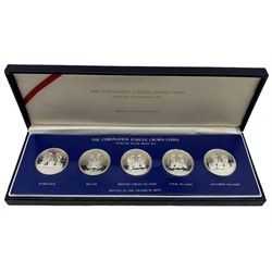 The Coronation Jubilee Crown Coins sterling silver proof set, dated 1978, comprising five twenty five dollar coins, produced by The Franklin Mint, cased with certificate