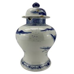 19th century Chinese blue and white vase and cover, of inverted baluster form, painted with a continuous mountainous landscape scene with buildings and figures, between floral and key borders, the domed cover with compressed button knop, Kangxi four figure character mark beneath, H39cm