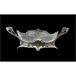 WMF Art Nouveau pewter centrepiece with pierced and berry design with original etched glass liner, stamped marks L42cm 