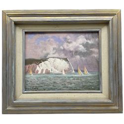 J S Dews (British 20th century): 'Yachts off the Needles - Ferens Hull', oil on board signed, signed and titled verso 19cm x 24cm