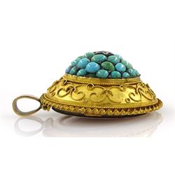 Victorian gold Etruscan revival turquoise and rose cut diamond circular pendant, with glazed back, stamped 15ct

