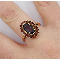 9ct gold oval and round garnet cluster ring, hallmarked 