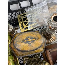 Oak chrome mounted tantalus, brass cigarette box, Butler silver-plated ladle, Art Nouveau copper crumb tray, brass trivet etc in one box