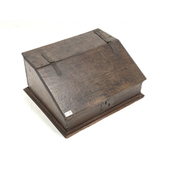 Late 18th century oak sloped front box, the lid on strap iron hinges lifting to reveal interior, W60cm