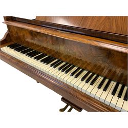 Hagspiel & Comp - late 19th century boudoir grand piano, figured and burr walnut case, raised on turned and carved octagonal tapered supports on brass castors and lyre pedestal supports, serial number 4729, roller grand action with 88 keys, 7-1/4 octaves, cast frame cleaned and recently re-strung, action cleaned and refurbished with new under string felt, dampers, hammerheads and tuning pins, soundboard refurbished.