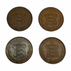 Four Guernsey (Guernesey) eight doubles coins, one dated 1834 and three 1858 