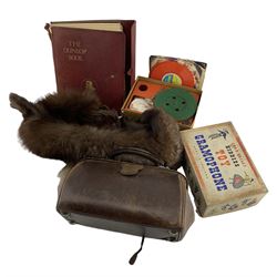 Small Gladstone bag, Mink stole, The Dunlop Book and Chad Valley Kiddies Toy Gramophone, boxed (4)