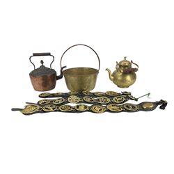 Various horse brasses, brass preserve pan, copper kettle etc