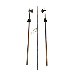 Pair of early 20th century polearms each inscribed 'Westmorland 1910-11' and with a crest 'Prudentia et Virtute' on oak hafts L230cm and a Cavalry lance L250cm inscribed '1930 No.2' and with ordnance mark