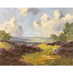 Lewis Creighton (British 1918-1996): Sheep Grazing in a Heather Moorland Landscape, oil on board signed 40cm x 50cm