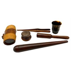 19th century yew wood tipstaff, sailor's fid, horn beaker, continental water flask with glass ends etc