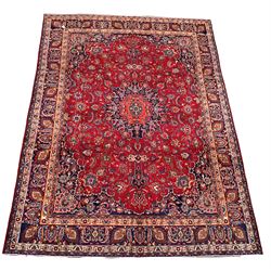 Vintage Persian Tabriz ground carpet, floral medallion on red field with interlaced trailing foliate, 401cm x 292cm