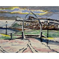 Chris Steel (British contemporary): 'Whale Bones Whitby', acrylic on board signed, labelled verso 39cm x 49cm