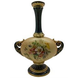 Royal Worcester blush ivory twin handled vase, with fluted neck and oval body, decorated with flowers, shape no. 2051, H23cm 