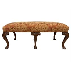 George II design mahogany double stool, padded seat upholstered in foliate patterned damask fabric, raised on six cabriole supports with scroll carved brackets and pad feet
Provenance: From the Estate of the late Dowager Lady St Oswald