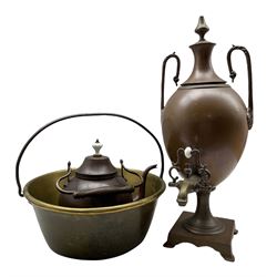 Victorian copper two handled tea urn H55cm, copper kettle and a brass preserve pan