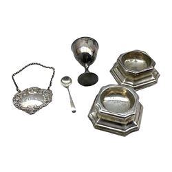 Pair of Britannia standard silver salts London 1928, silver egg cup, salt spoon and a silver decanter label 'Port'