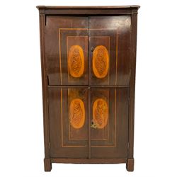 19th century inlaid mahogany cupboard, enclosed by four doors with shell inlay decoration 