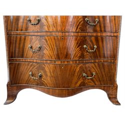 Georgian style figured mahogany serpentine chest, the banded top over two short and three long drawers, canted uprights corners decorated with blind fretwork, shaped apron and splayed bracket feet