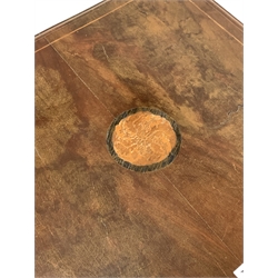 Edwardian mahogany occasional table, the square moulded top inlaid with circular floral marquetry over square tapered supports, boxwood stringing throughout