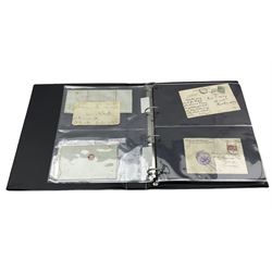 Pre stamp and later postal history including cover dated 1834, various Queen Victoria penny lilacs on covers and postcards, King Edward VII stamps on postcards etc, housed in a ring binder folder