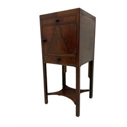 George III mahogany washstand, the twin hinged square top enclosing bowl and soap dishes, pull-out swing mirror with rectangular plate, fitted with single cupboard door over drawer with cock-beaded facias, square supports united by under-tier