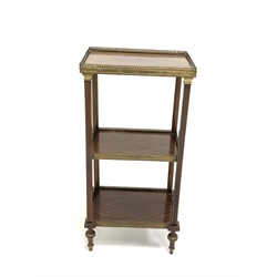 20th century mahogany three tier lamp table, each tier with pierced brass gallery and lozenge and ebonised string inlay design , raised on turned supports with brass mounts