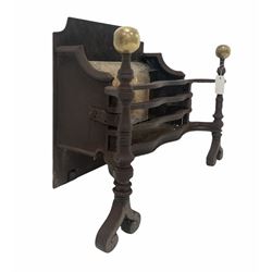 19th century cast and wrought metal fire grate, with serpentine front and andirons surmounted by brass ball finials W81cm together with a scrolled wire work plant stand 