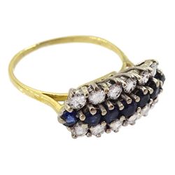 18ct gold three row sapphire and round brilliant cut diamond ring, total diamond weight approx 0.65 carat