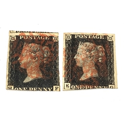 Two Queen Victoria penny black stamps, both with red MX cancels