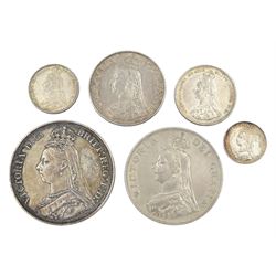 Queen Victoria crown, double florin, florin, shilling sixpence and threepence coins, all dated 1887, toning and grade varies