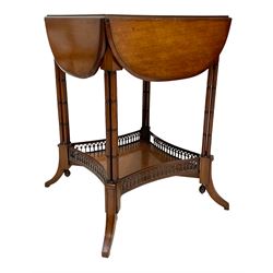 Jas Shoolbred & Co. - late Victorian walnut centre table, moulded top with four drop leaves, on turned cluster column pillar supports joined by undertier, the undertier of square concave form with fretwork gallery, splayed bracket feet with mould, stamped underneath 
