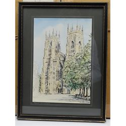 Lorna Ellett-Brown (British Contemporary): York Minster, pair pen and ink sketches and a similar print; together with five hand-coloured engravings of York and a photograph, max 38cm x 28cm (9)